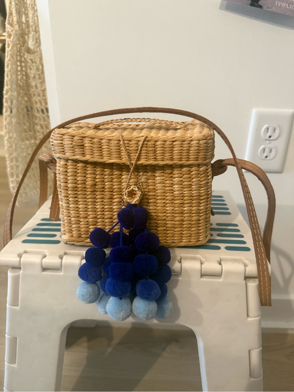Woven Straw Crossbody Bag with Blue Pom Pom Charm